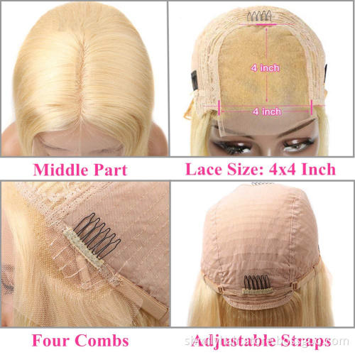 613# Blonde Straight Human Hair Lace Closure Wigs Cuticle Aligned, 4*4 Brazilian Remy Hair Wig Lace Front 613#
